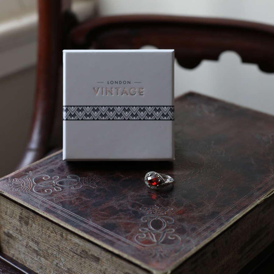 London Vintage - Sterling Silver, Marcasite & CZ Ruby Ring