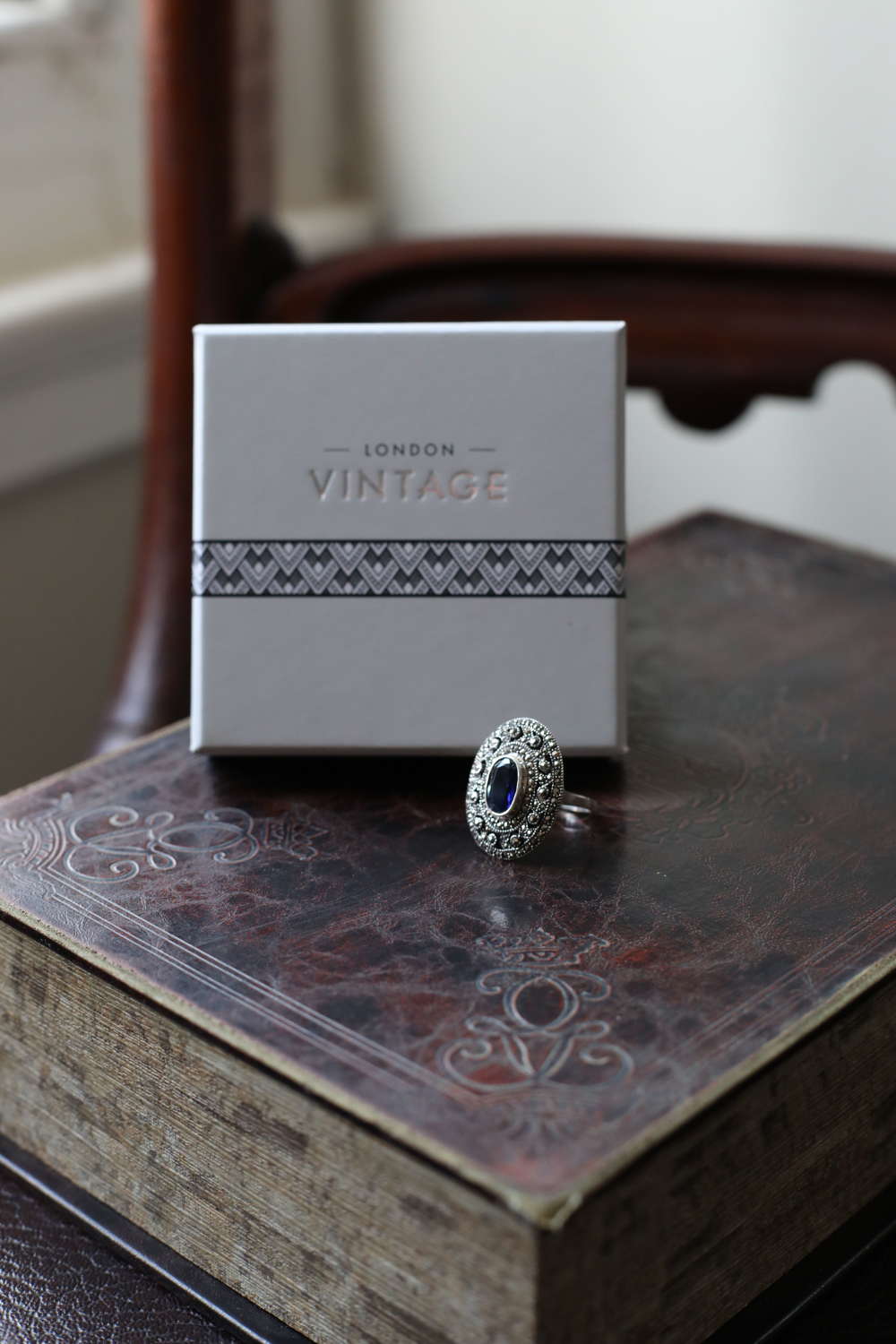 London Vintage - Sterling Silver, Marcasite & CZ Sapphire Ring
