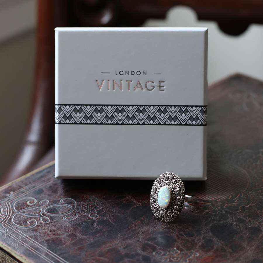 London Vintage - Sterling Silver, Marcasite Ring Set with Opalite.