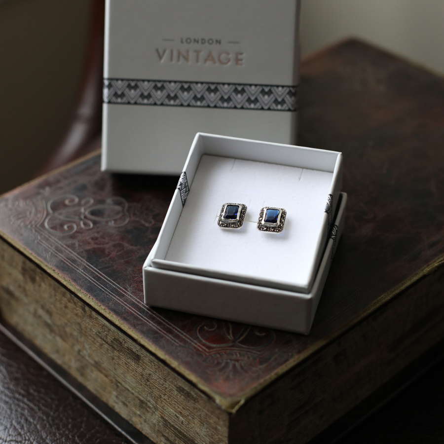 London Vintage-Square S.Silver, Marcasite & CZ Sapphire Earrings
