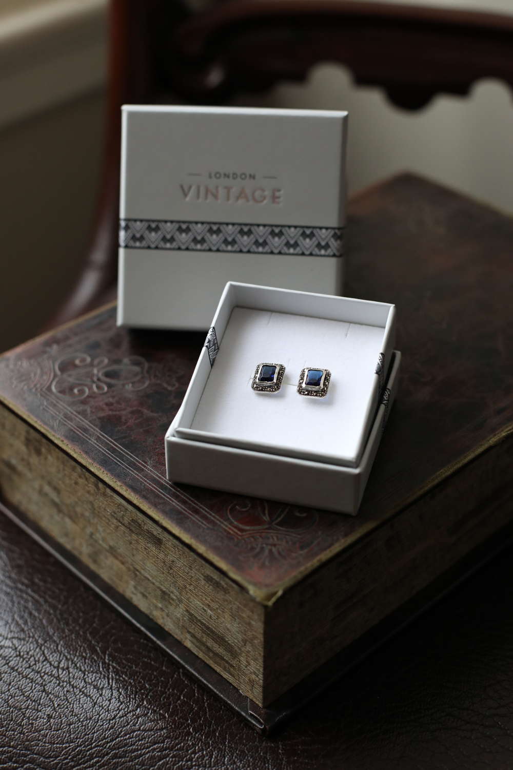 London Vintage-Square S.Silver, Marcasite & CZ Sapphire Earrings