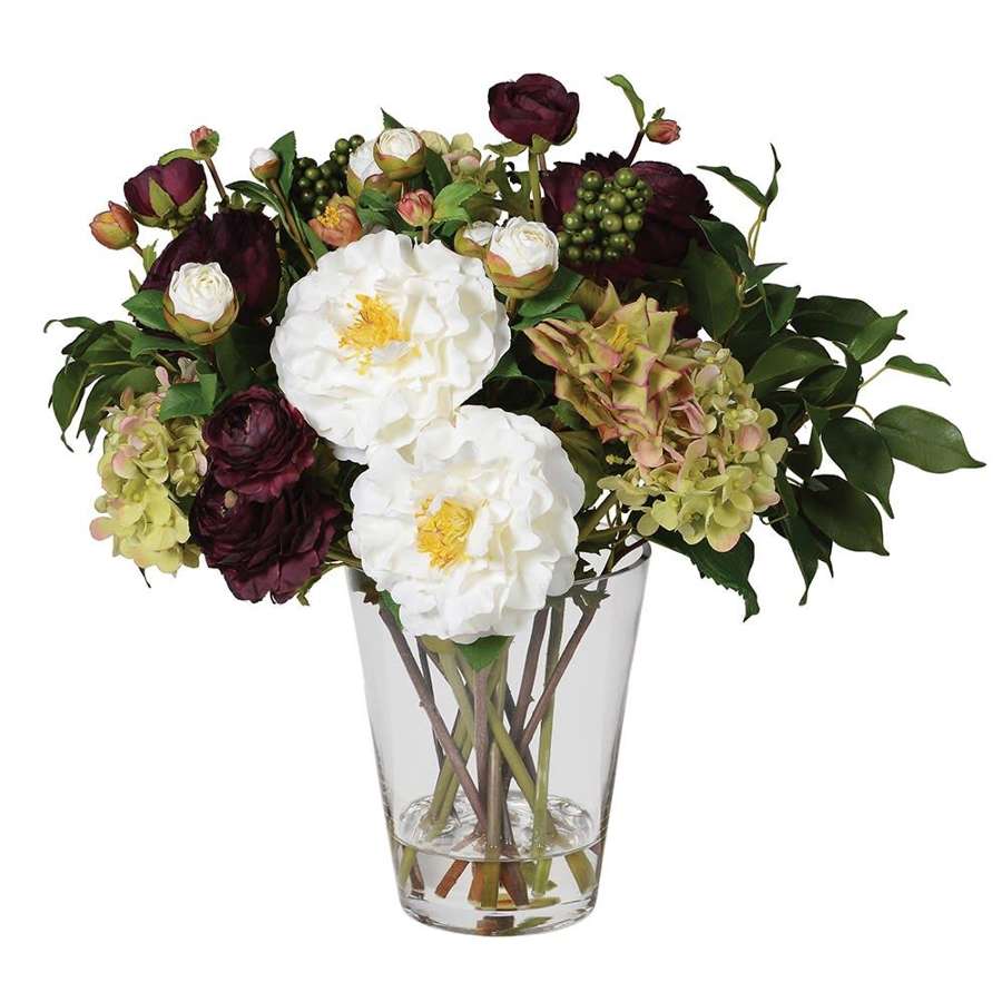Ruby, White & Greens Floral Arrangement in Glass Vase