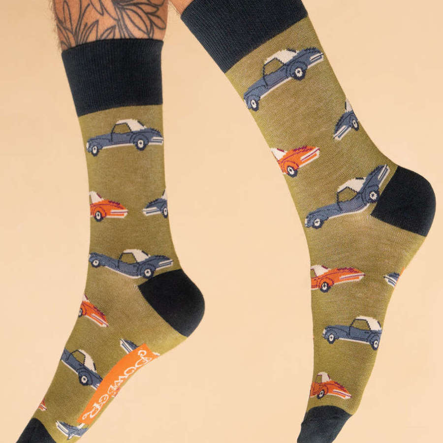 Powder Gentlemen - Men's Vintage Sports Car Socks - Fern or Mustard