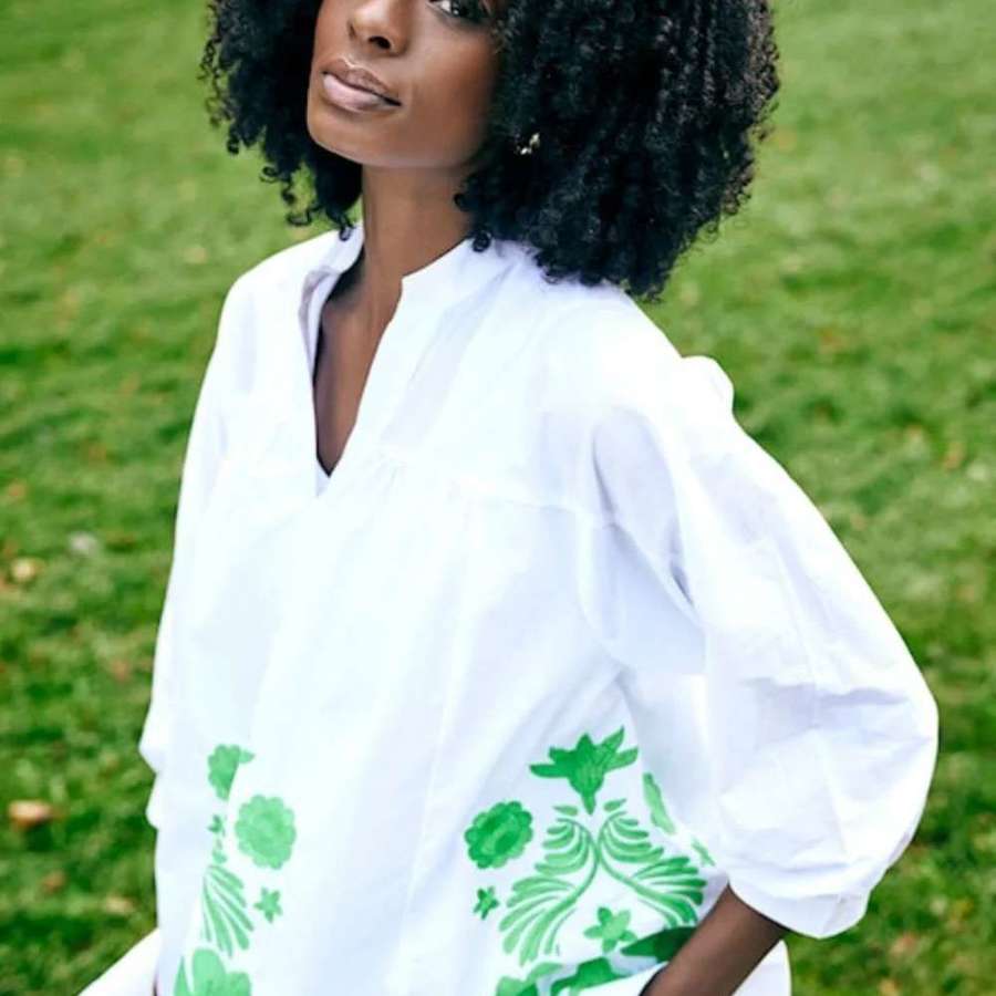 NOEN - White Blouse with Green Embroidery